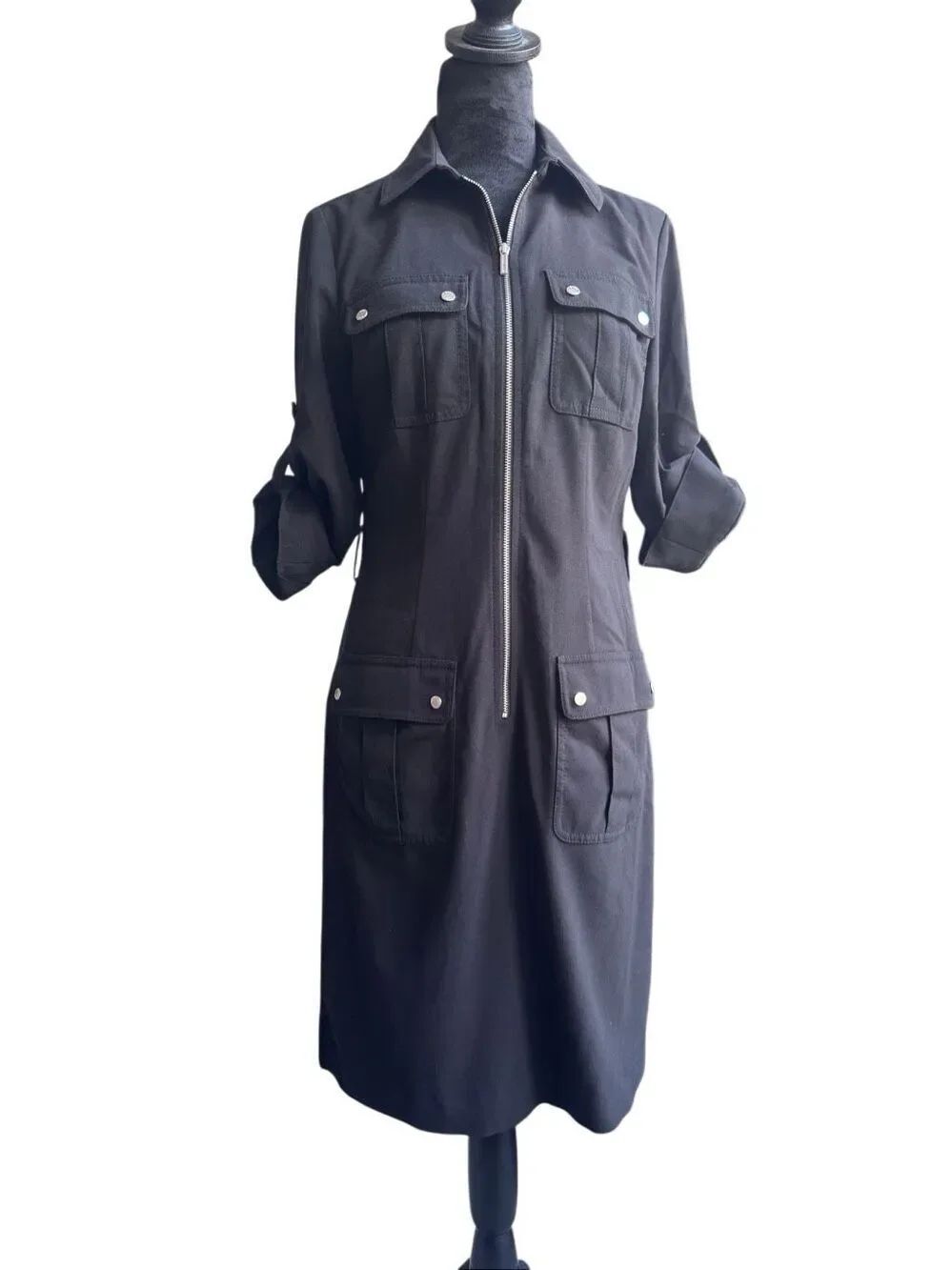 Michael Kors Black Utility Shirt Dress Zip Front Roll Tab Sleeves Size Small